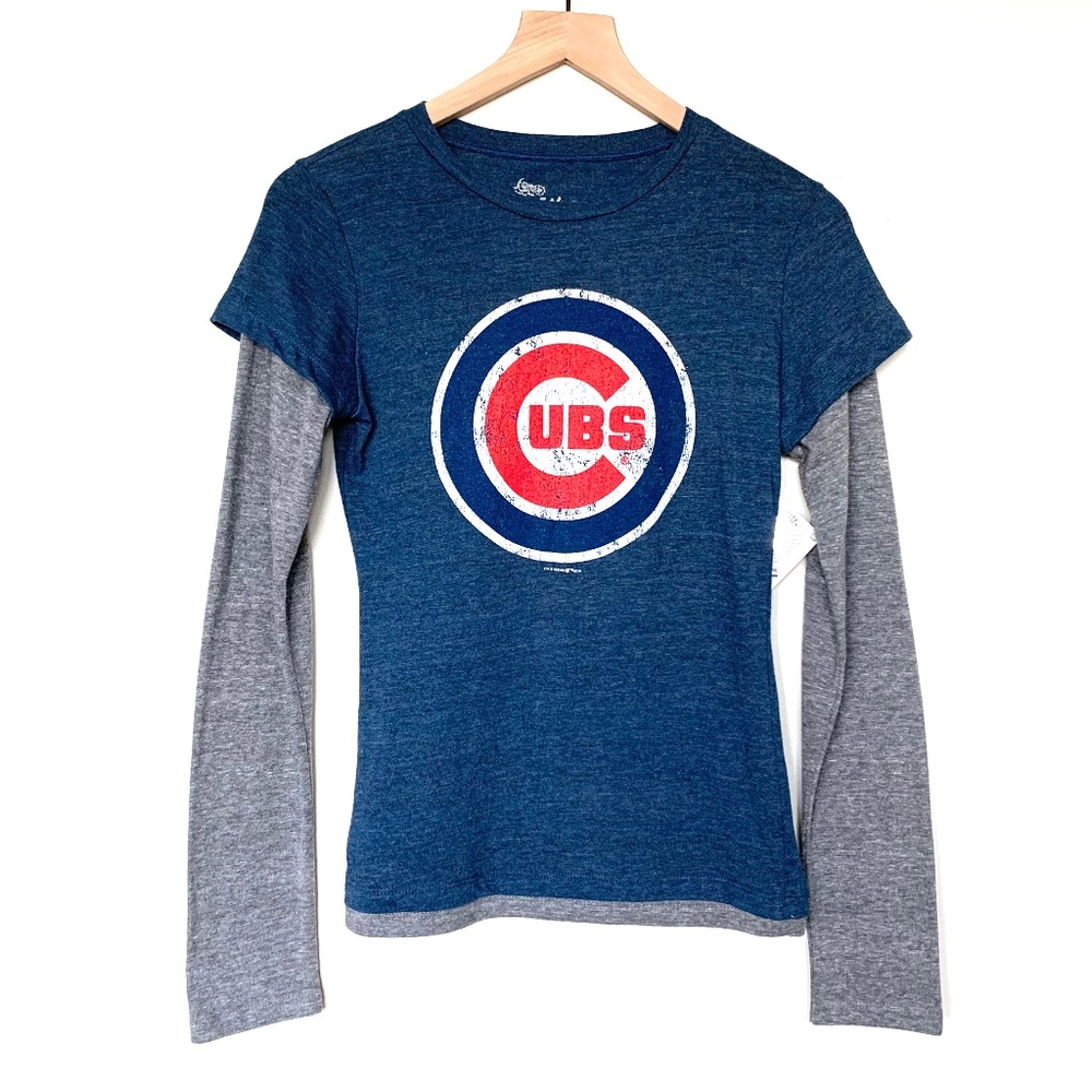 Chicago Cubs MLB Long Sleeve Baseball T Shirt Blue Gray Two Fer